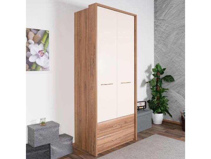 Drehtürenschrank Gataivai 43 Rahmen-Design Beige Hochglanz/Walnuss 224x92x56 cm Soft Close 2 Schubladen UV-Lack von easyMÖBEL
