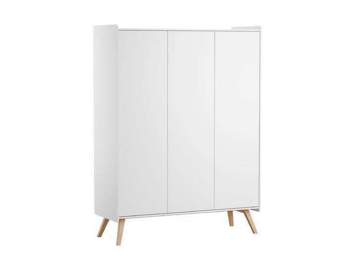 Drehtürenschrank mit drei Türen Aleksander 02, Farbe: Weiß / Eiche, Maße: 200 x 149 x 58 cm, mit sieben Fächern, eine Kleiderstange von easyMÖBEL