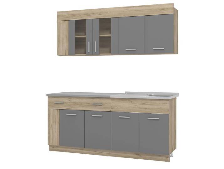 Dunkle Küchenzeile / Küchenblock Pici 02, Farbe: Eiche Grau / Graphit, ABS-Kantenschutz, zwei Hängeschränke mit Glastüren, 180 cm breit von easyMÖBEL