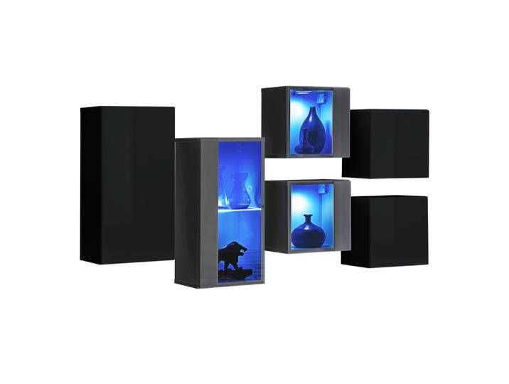 Dunkles Set von Hängeschränke / Hängevitrinen Volleberg 106, Farbe: Schwarz / Grau - Abmessungen: 80 x 150 x 25 cm (H x B x T), mit LED-Beleuchtun von easyMÖBEL