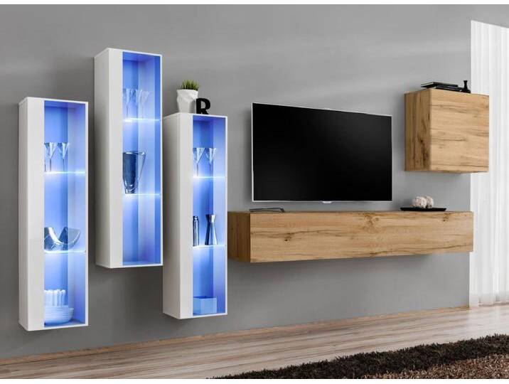 Edle Wohnwand Balestrand 204, Farbe: Weiß / Eiche Wotan - Abmessungen: 160 x 330 x 40 cm (H x B x T), mit Push-to-open Funktion von easyMÖBEL