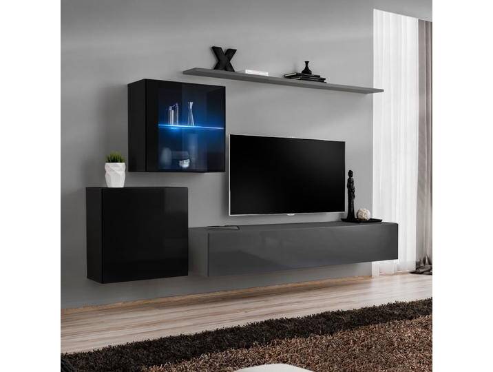 Edle Wohnwand Balestrand 234 Schwarz / Grau 150 x 250 x 40 cm LED-Beleuchtung Push-To-Open Hochglanz-Fronten von easyMÖBEL