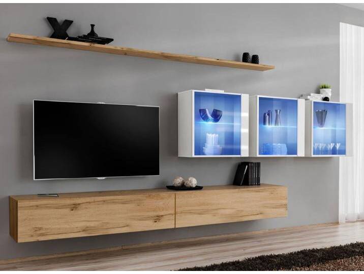 Edle Wohnwand Balestrand 267, Farbe: Eiche Wotan / Weiß - Abmessungen: 150 x 340 x 40 cm (H x B x T), mit Push-to-open Funktion von easyMÖBEL