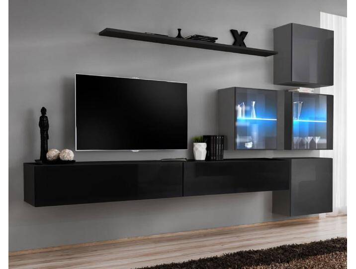 Edle Wohnwand Balestrand 298 Schwarz/Grau Hochglanz Push-to-open Funktion 200x310x40 cm Modernes Design Viel Stauraum von easyMÖBEL