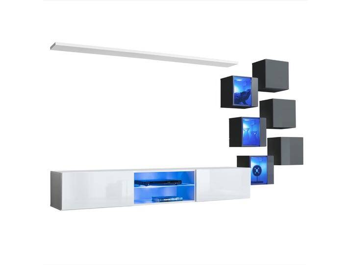 Edle Wohnwand Volleberg 07 Weiß/Grau 140x260x40 cm 3 Hängevitrinen Push To Open LED Beleuchtung von easyMÖBEL