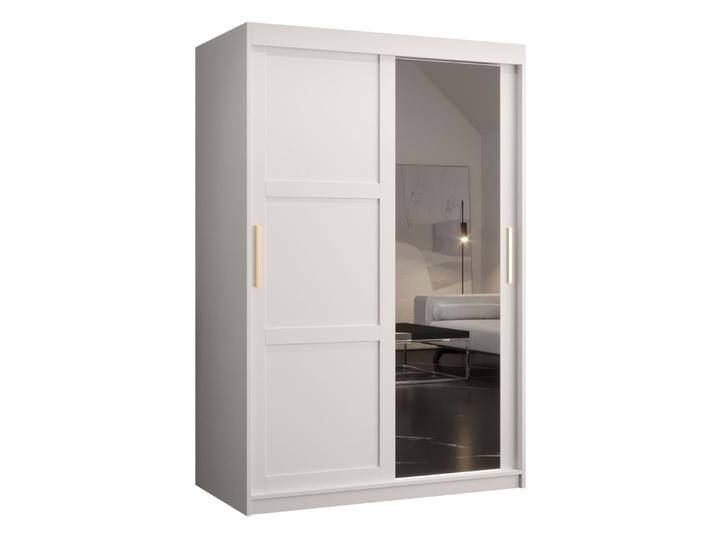 Edler Kleiderschrank mit Spiegeltür Liskamm 29 Weiß matt 200x120x62 cm 5 Fächer 2 Schiebetüren Modernes Design von easyMÖBEL