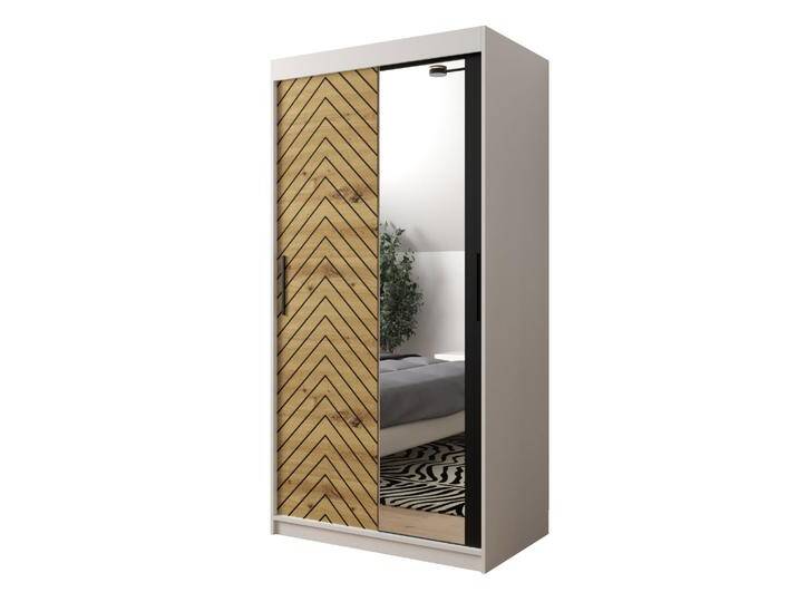 Edler Kleiderschrank Mulhacen 81 mit fünf Fächern Weiß matt / Eiche Artisan / Schwarz matt 200 x 120 x 62 cm 2 Schiebetüren 1 Spiegel von easyMÖBEL