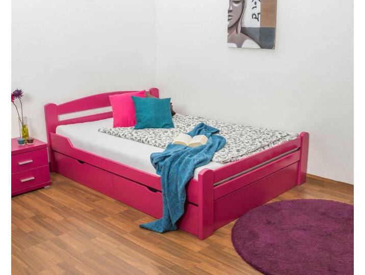 Einzelbett / Funktionsbett Easy Premium Line K4, inkl. 2 Schubladen und 1 Abdeckblende, 140 x 200 cm Buche Vollholz massiv rosa lackiert von easyMÖBEL