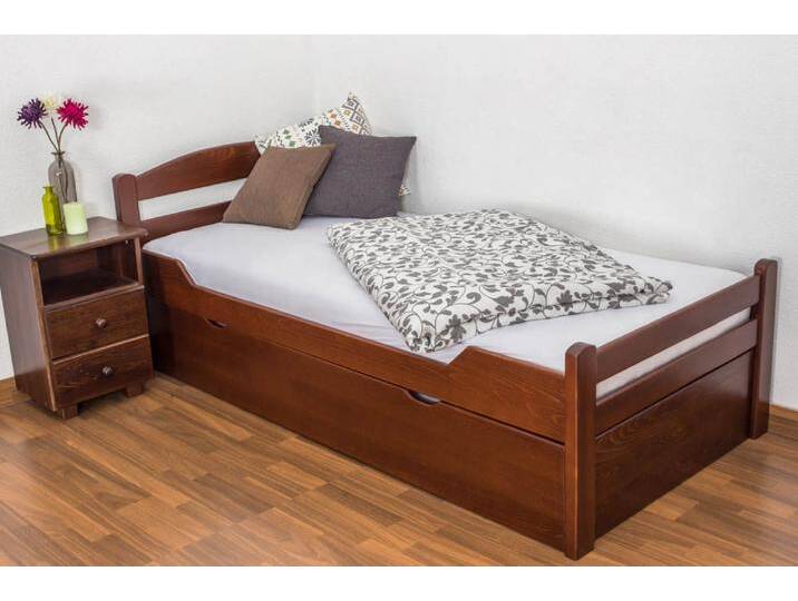 Einzelbett / Gästebett Easy Premium Line K1/2h inkl. 2. Liegeplatz und 2 Abdeckblenden, 90 x 200 cm Buche Vollholz massiv dunkelbraun lackiert von easyMÖBEL