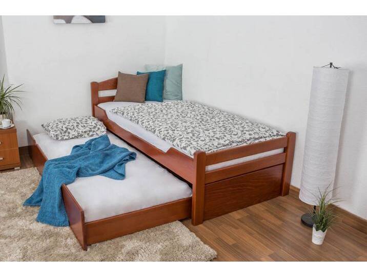 Einzelbett / Gästebett Easy Premium Line K1/2h inkl. 2. Liegeplatz und 2 Abdeckblenden, 90 x 200 cm Buche Vollholz massiv kirschrot lackiert von easyMÖBEL