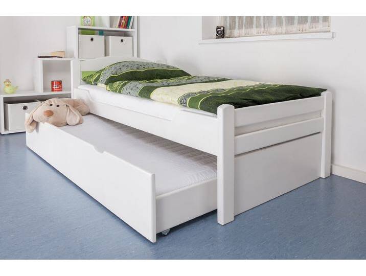 Einzelbett / Gästebett Easy Premium Line K1/2h inkl. 2. Liegeplatz und 2 Abdeckblenden, 90 x 200 cm Buche Vollholz massiv weiß lackiert von easyMÖBEL
