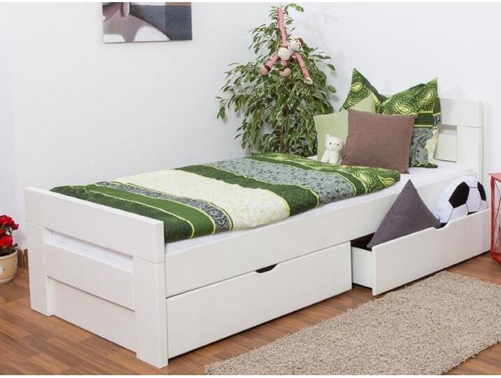 Einzelbett / Gästebett Easy Premium Line K2 inkl. 2 Schubladen und 2 Abdeckblenden, 90 x 200 cm Buche Vollholz massiv weiß lackiert von easyMÖBEL