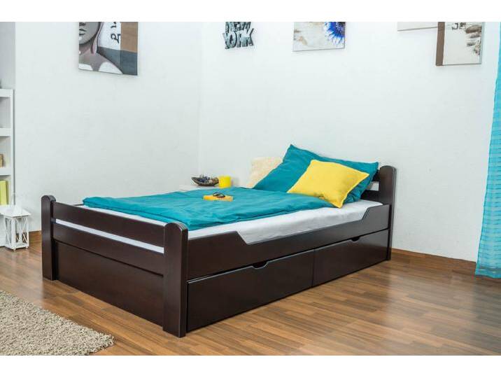 Einzelbett / Gästebett Easy Premium Line K4 inkl. 2 Schubladen und 1 Abdeckblende, 120 x 200 cm Buche Vollholz massiv Schokobraun von easyMÖBEL