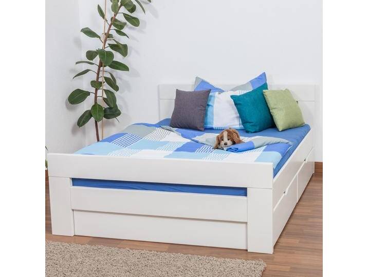 Einzelbett / Stauraumbett Easy Premium Line K6 inkl. 2 Schubladen und 1 Abdeckblende 140 x 200 cm Buche Vollholz massiv weiß lackiert von easyMÖBEL