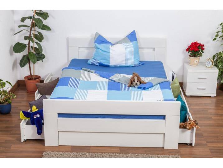 Einzelbett / Stauraumbett Easy Premium Line K6 inkl. 4 Schubladen und 2 Abdeckblenden 140 x 200 cm Buche Vollholz massiv weiß lackiert von easyMÖBEL