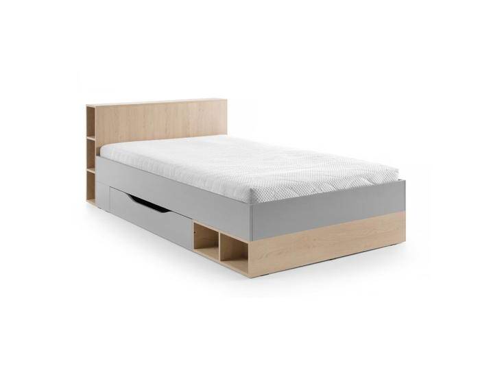 Einzelbett mit Schublade in Eiche / Grau, modernes Jugendbett, Liegefläche 120 x 200 cm, ABS-Kanten, spiegelverkehrt montierbar, Kopfteil mit 6 Fäc Einzelbett mit Schublade in Eiche / Grau, modernes Jugendbett, Liegefläche 120 x 200 cm, ABS-Kanten, spiegelverkehrt montierbar, Kopfteil mit 6 Fäc von easyMÖBEL