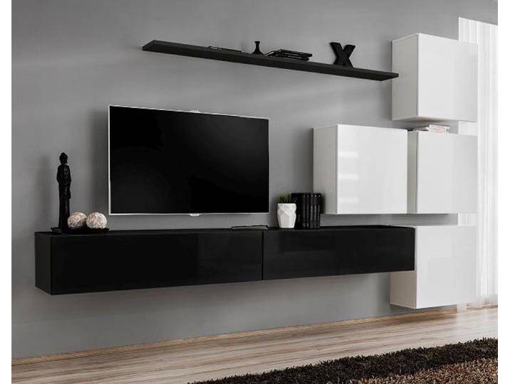 Eleganten Wohnwand Balestrand 134, Farbe: Schwarz / Weiß - Abmessungen: 200 x 310 x 40 cm (H x B x T), mit Push-to-open Funktion von easyMÖBEL
