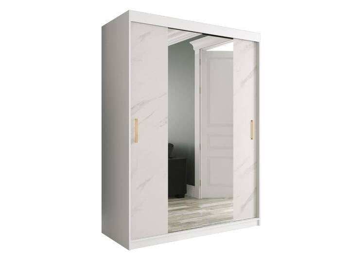 Eleganter Kleiderschrank Ätna 60, Farbe: Weiß matt / Weißer Marmor - Abmessungen: 200 x 150 x 62 cm (H x B x T), mit Spiegel von easyMÖBEL
