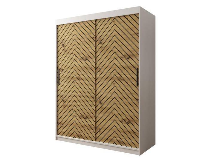 Eleganter Kleiderschrank Mulhacen 51 Weiß matt / Eiche Artisan / Schwarz matt 200x150x62 cm Schiebetüren Viel Stauraum von easyMÖBEL