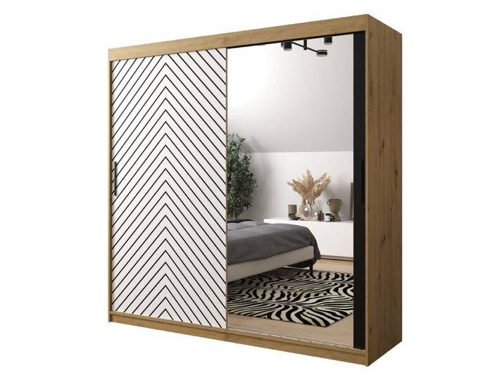 Eleganter Kleiderschrank Mulhacen 98 Eiche Artisan / Weiß matt / Schwarz matt 200x200x62 cm Schiebetüren Spiegel Viel Stauraum von easyMÖBEL