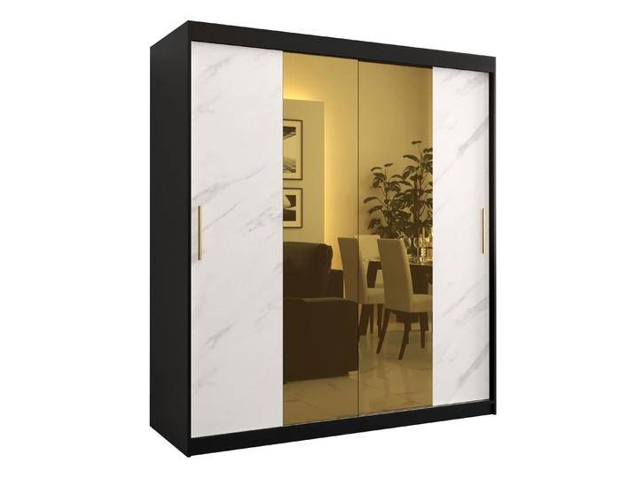 Eleganter Kleiderschrank Hochfeiler 38 mit Marmor Optik Schwarz / Weißer Marmor 200x180x62 cm 10 Fächer 2 Spiegel 2 Schiebetüren von easyMÖBEL