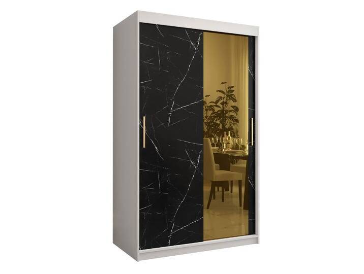 Eleganter Kleiderschrank Hochfeiler 53 Marmor Optik Weiß/Schwarzer Marmor 200x120x62 cm Spiegel 5 Fächer 2 Schiebetüren von easyMÖBEL