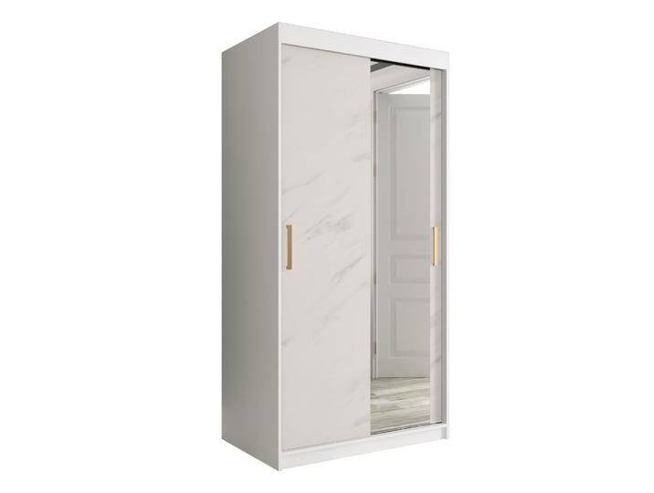 Eleganter Kleiderschrank mit Spiegeltür Ätna 76, Weiß matt / Weißer Marmor 200x100x62 cm Schiebetüren Stauraum modernes Design von easyMÖBEL