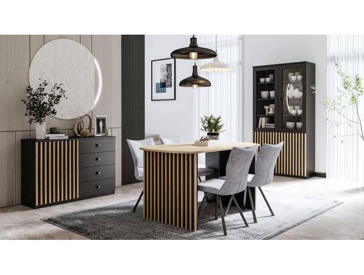 Esszimmer Komplett - Set B Cikarang, 3-teilig, Farbe: Schwarz / Eiche von easyMÖBEL