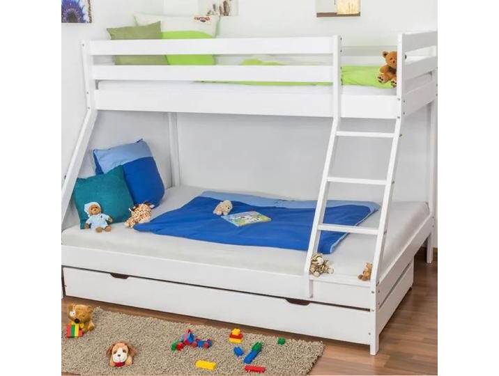 Etagenbett Lukas Buche massiv weiß lackiert 140x200 & 90x200 cm mit schräger Leiter, Rollrost & Bonell Federkern Matratzen Etagenbett Lukas Buche massiv weiß lackiert 140x200 & 90x200 cm mit schräger Leiter, Rollrost & Bonell Federkern Matratzen von easyMÖBEL