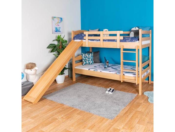 Etagenbett mit Rutsche 90 x 200 cm, Buche Massivholz Natur lackiert, teilbar in zwei Einzelbetten, Easy Premium Line K25/n von easyMÖBEL