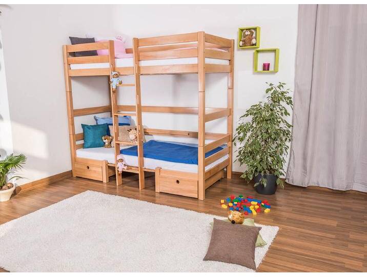 Funktionsbett mit Bettkasten Tim (umbaubar zu einem Tisch mit Bänken oder zu 2 Einzelbetten) Buche massiv natur inkl. Rollrost - 90 x 200 cm von easyMÖBEL