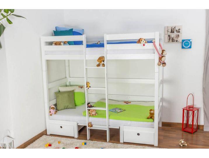Funktionsbett mit Bettkasten Tim (umbaubar zu einem Tisch mit Bänken oder zu 2 Einzelbetten) Buche massiv weiß lackiert, inkl. Rollrost - 90 x 200 von easyMÖBEL