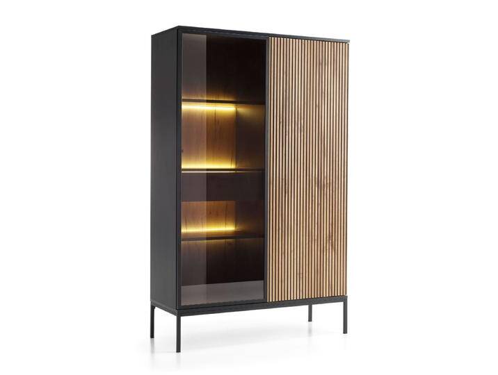 Große Vitrine mit Push-to-open Funktion Chelmsford 07, Farbe: Schwarz / Eiche - Abmessungen: 166 x 104 x 39 cm (H x B x T) von easyMÖBEL