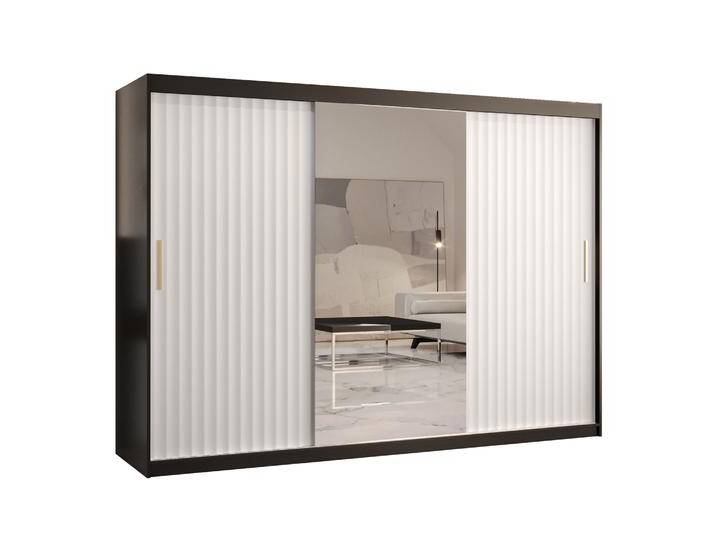 Großer Kleiderschrank mit 10 Fächern Balmenhorn 95 Schwarz matt / Weiß matt 200x250x62 cm Spiegeltür 3 Schiebetüren von easyMÖBEL