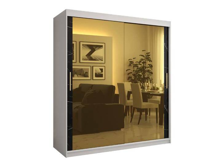 Großer Kleiderschrank Hochfeiler 85 Weiß/Schwarzer Marmor 10 Fächer 2 Schiebetüren 2 Spiegel 200x180x62 cm Viel Stauraum von easyMÖBEL