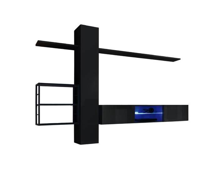 Hängende Wohnwand Valand 18, Farbe: Schwarz - Abmessungen: 180 x 270 x 40 cm (H x B x T), mit blauer LED-Beleuchtung von easyMÖBEL