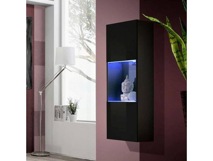 Hängevitrine mit Push-to-open Funktion Raudberg 32, Farbe: Schwarz - Abmessungen: 126 x 40 x 29 cm (H x B x T), mit drei Fächern von easyMÖBEL