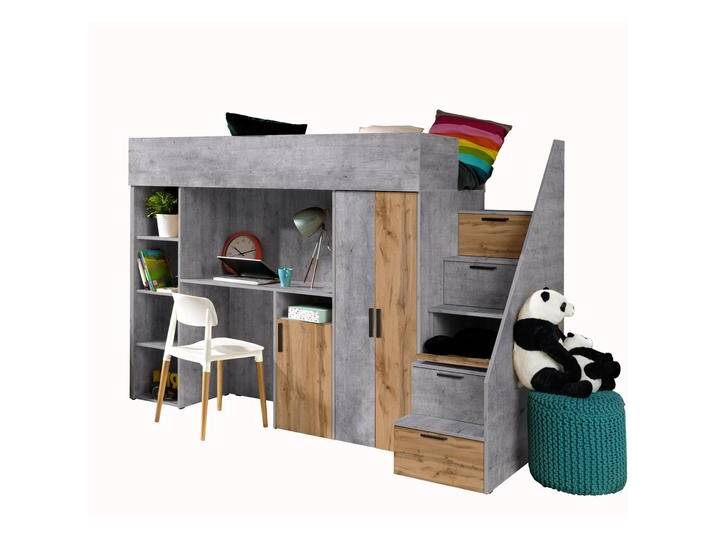 Hochbett / Kinderbett / Funktionsbett-Kombination mit Schreibtisch, Treppe und viel Stauraum Jura 07, Eiche Wotan/Beton - Liegefläche: 90 x 200 cm von easyMÖBEL