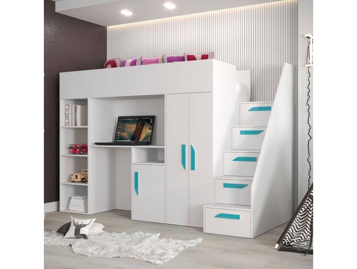 Hochbett / Kinderbett / Funktionsbett-Kombination mit Schreibtisch, Treppe und viel Stauraum Jura 21, Farbe: Weiß / Türkis - Liegefläche: 90 x 200 von easyMÖBEL