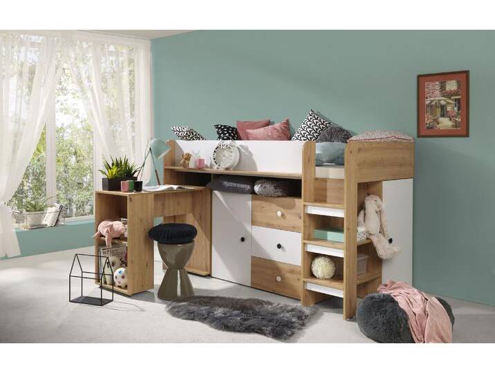 Hochbett / Kinderbett / Funktionsbett-Kombination mit ausziehbarem Schreibtisch und Leiter Jura 08, Eiche Artisan / Weiß - Liegefläche: 90 x 200 cm von easyMÖBEL
