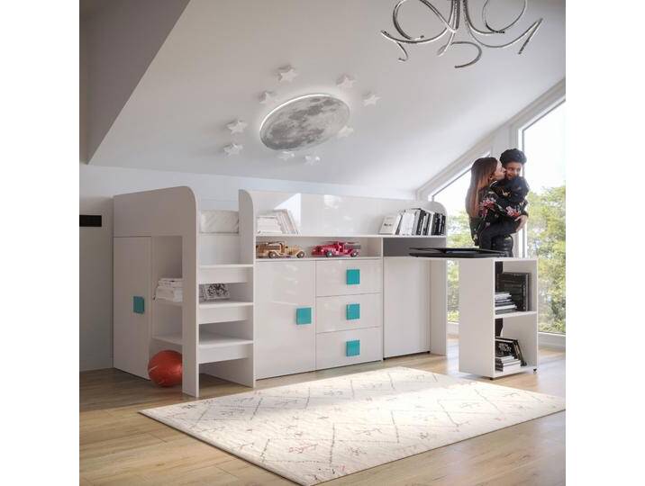 Hochbett / Kinderbett / Funktionsbett mit Leiter, ausziehbarem Schreibtisch und viel Stauraum Jura 57, Farbe: Weiß / Türkis, Liegefläche: 90 x 200 von easyMÖBEL