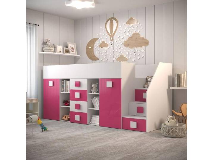 Hochbett / Kinderbett / Funktionsbett mit ausziehbarem Schreibtisch und Treppe Rechts, Jura 71, Weiß/Pink, Liegefläche: 90 x 200 cm, 4 Schubladen von easyMÖBEL