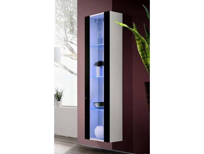 Hohe Hängevitrine Raudberg 13, Farbe: Schwarz / Weiß - Abmessungen: 170 x 40 x 29 cm (H x B x T), inkl. blauer LED-Beleuchtung von easyMÖBEL
