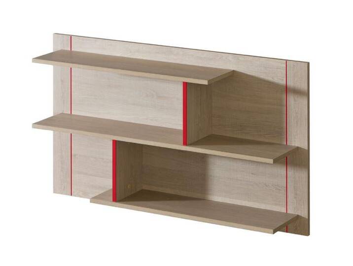 Jugendzimmer - Hängeregal Elias 14, Farbe: Hellbraun / Rot - Abmessungen: 65 x 110 x 22 cm (H x B x T) von easyMÖBEL