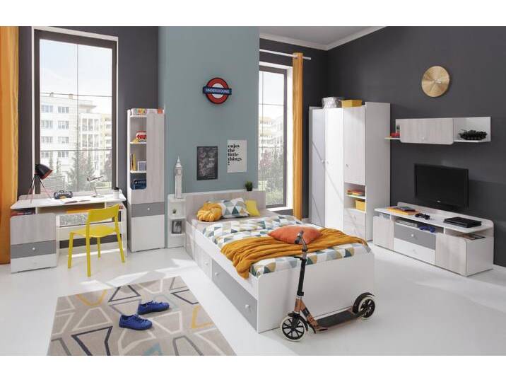 Jugendzimmer Kinderzimmer Komplett - Set C Floreffe, 6-teilig, Farbe: Weiß / Eiche weiß / Grau von easyMÖBEL