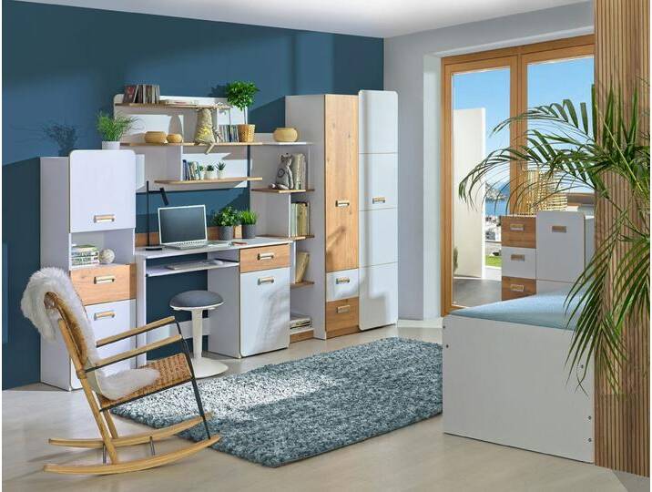 Jugendzimmer Kinderzimmer Komplett - Set L Dennis, 7-teilig, Farbe: Esche Weiß von easyMÖBEL