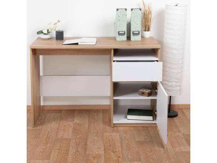 Jugendzimmer - Schreibtisch Alard 07, Farbe: Eiche / Weiß - Abmessungen: 80 x 120 x 52 cm (H x B x T) von easyMÖBEL