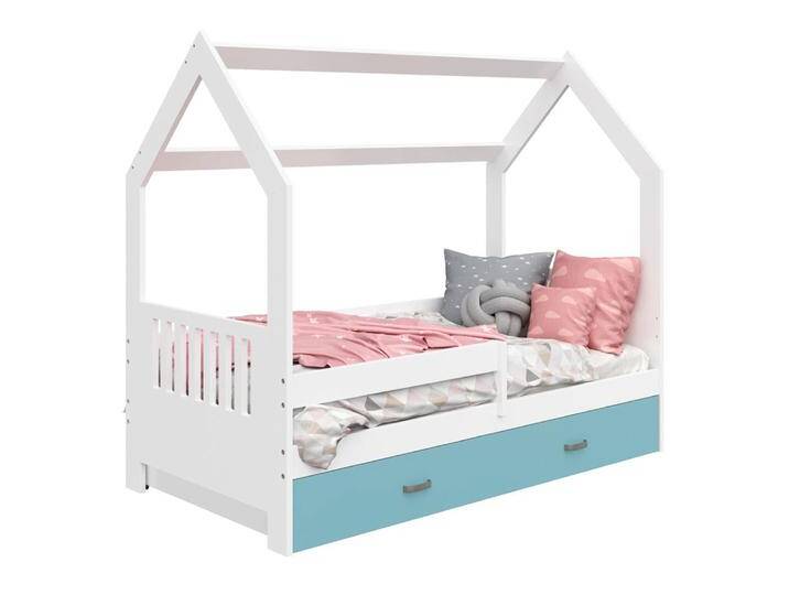 Kinderbett Hausbett Kiefer massiv weiß lackiert Schublade Blau inkl. Lattenrost 80x160 cm stabile Verarbeitung & modernes Design von easyMÖBEL