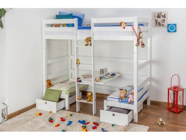 Kinderbett mit Bettkasten Tim (umbaubar zu einem Tisch mit Bänken oder zu 2 Einzelbetten) Buche massiv weiß lackiert, inkl. Rollrost - 90 x 200 cm von easyMÖBEL