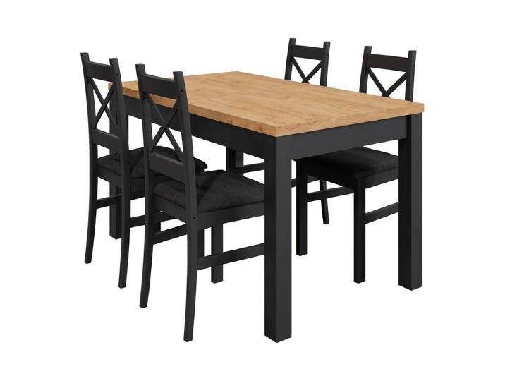 Klassischer Esstisch ausziehbar Temerin 35 mit 4 massiven HolzstÃ¼hlen, Farbe: Eiche Gold Craft / Mattschwarz, harmonisches Design, bequemes SitzgefÃ von easyMÖBEL
